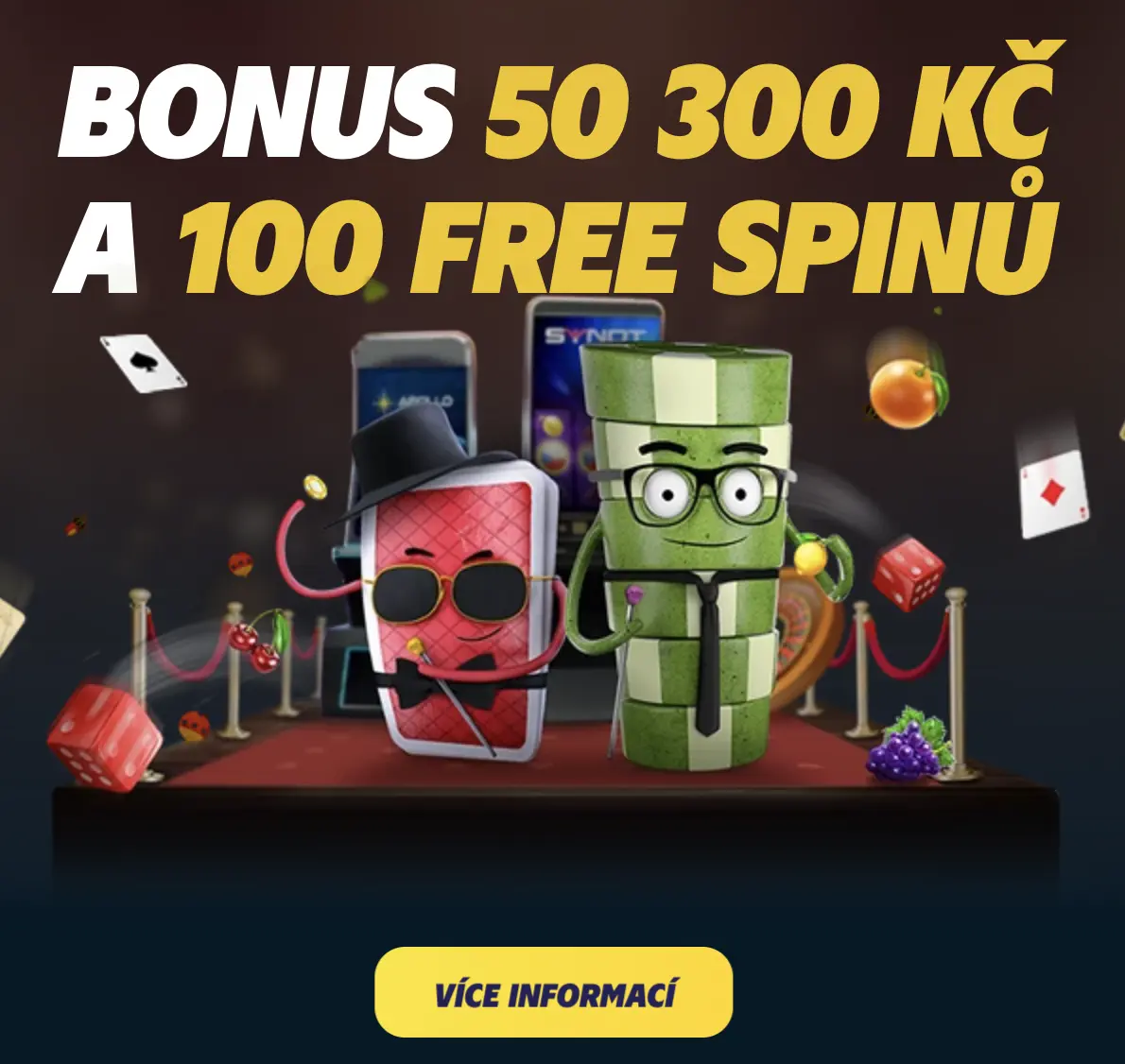 Získejte bonus 50 300 Kč a 100 volných zatočení v Radioservis Hry Animované postavy karty a žetonu na červeném koberci propagují bonus 50 300 Kč a 100 free spinů v online casinu